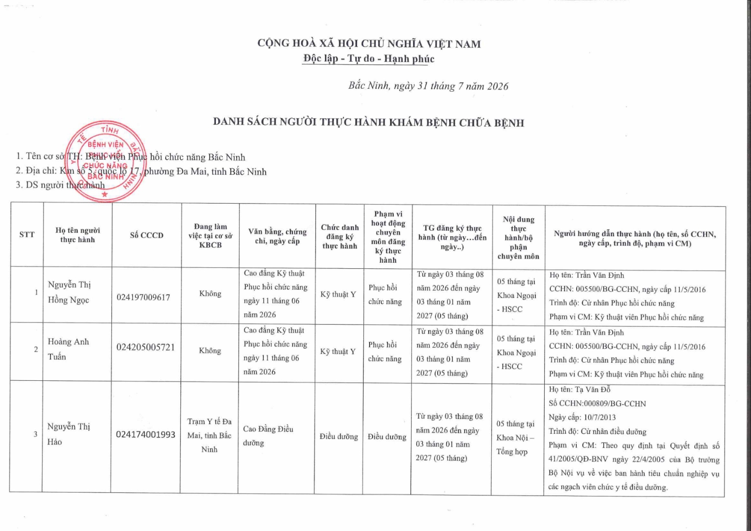 Báo cáo học viên thực hành KCB 01 8 2026