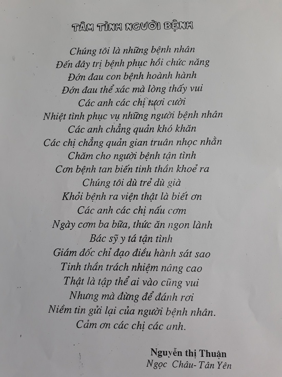 Bài thơ “Tâm tình người bệnh” của bệnh nhân gửi các y bác sĩ bệnh viện Phục hồi chức năng tỉnh Bắc Giang